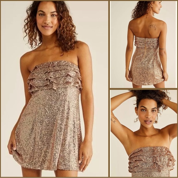 Free People New Frida Ruffle Mini Dress Sequined Bronze 6 Cocktail Party - Picture 3 of 13